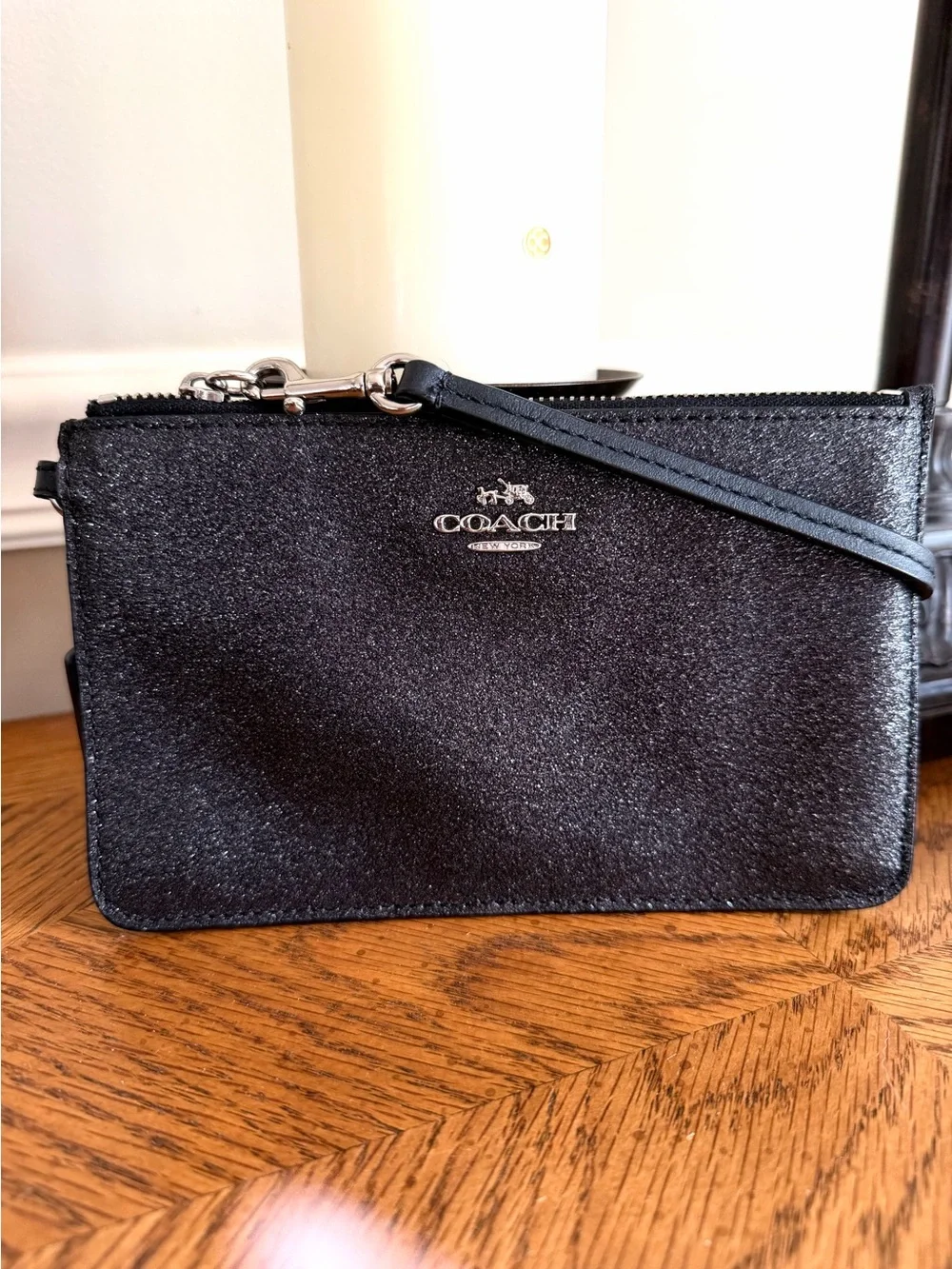 Coach Black Glitter Wristlet Clutch with Silver Logo, strap and hangtag EUC